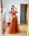 Vestido largo de noche formal naranja de corte A para fiesta de graduación Y5111