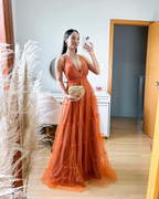 Vestido largo de noche formal naranja de corte A para fiesta de graduación Y5111