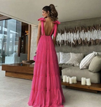Vestido de fiesta rosa fucsia sin espalda, vestido de noche Y1522