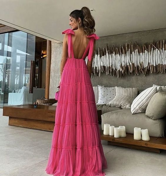 Vestido de fiesta rosa fucsia sin espalda, vestido de noche Y1522