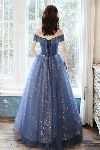 Robe de bal longue en tulle bleu à sequins Y4907
