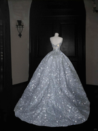 Robe de bal/de soirée/de mariage Y8676 en tulle bleu pailleté sans bretelles et sequins