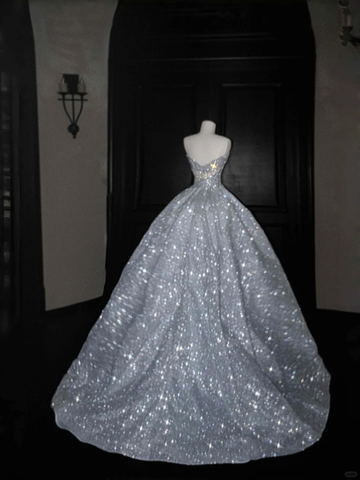 Glitter Strapless Blue Tulle Sequins A Line Prom Dress Evening Dress,Formal Wedding Dress Y8676