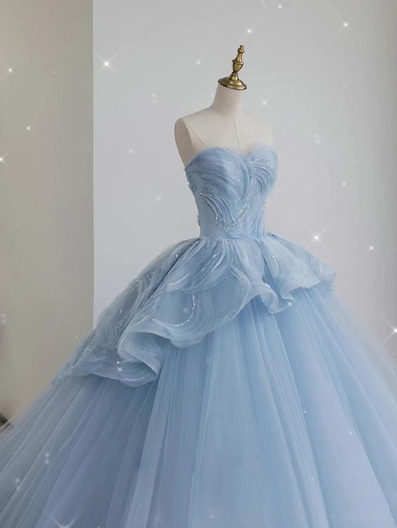 Vestido de princesa azul con escote corazón y tul, vestido de baile azul, vestido de hada azul Y6472