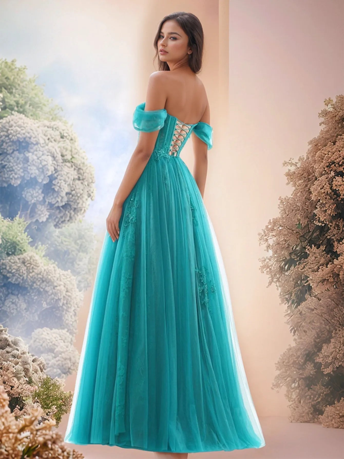 Off Shoulder Bodice Embroidery Lace Ball Gown Evening Dress