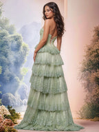 Cut Front 3d Rose Straples Tiered A-line Evening Gown with Slit