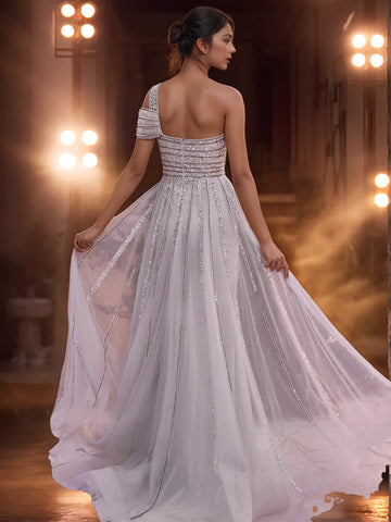 Robe de soirée sirène de luxe à une épaule ornée de cristaux et taille basse, style Dubaï