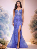Sheer Bodice Hand Beading Spaghetti Strap Mermaid Evening Dress with Split