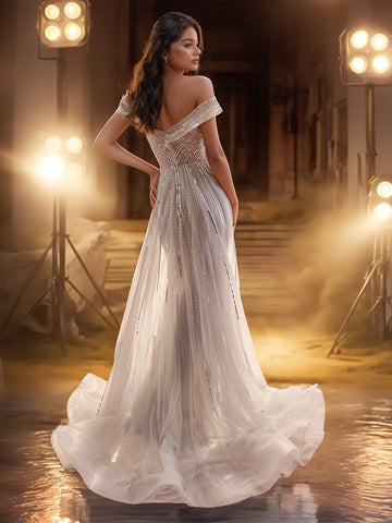 Vestido de noche de lujo con hombros descubiertos y cintura baja con cristales, estilo Dubái