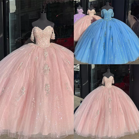 Vestido de quinceañera rosa claro con hombros descubiertos, vestido de baile, vestido de 16 años Y2731