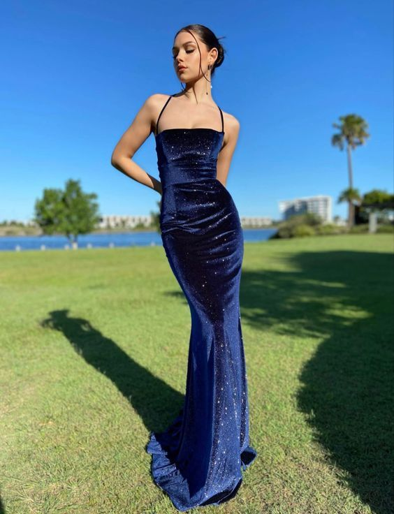 Robe de soirée sirène longue en velours bleu marine à fines bretelles, style vintage Y7829