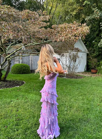 Charming Spaghetti Straps Lavender Chiffon Print Floral Evening Dress Ruffles Long Prom Dress Y8266