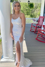 Robe de soirée sirène blanche à sequins et fines bretelles spaghetti Y8071