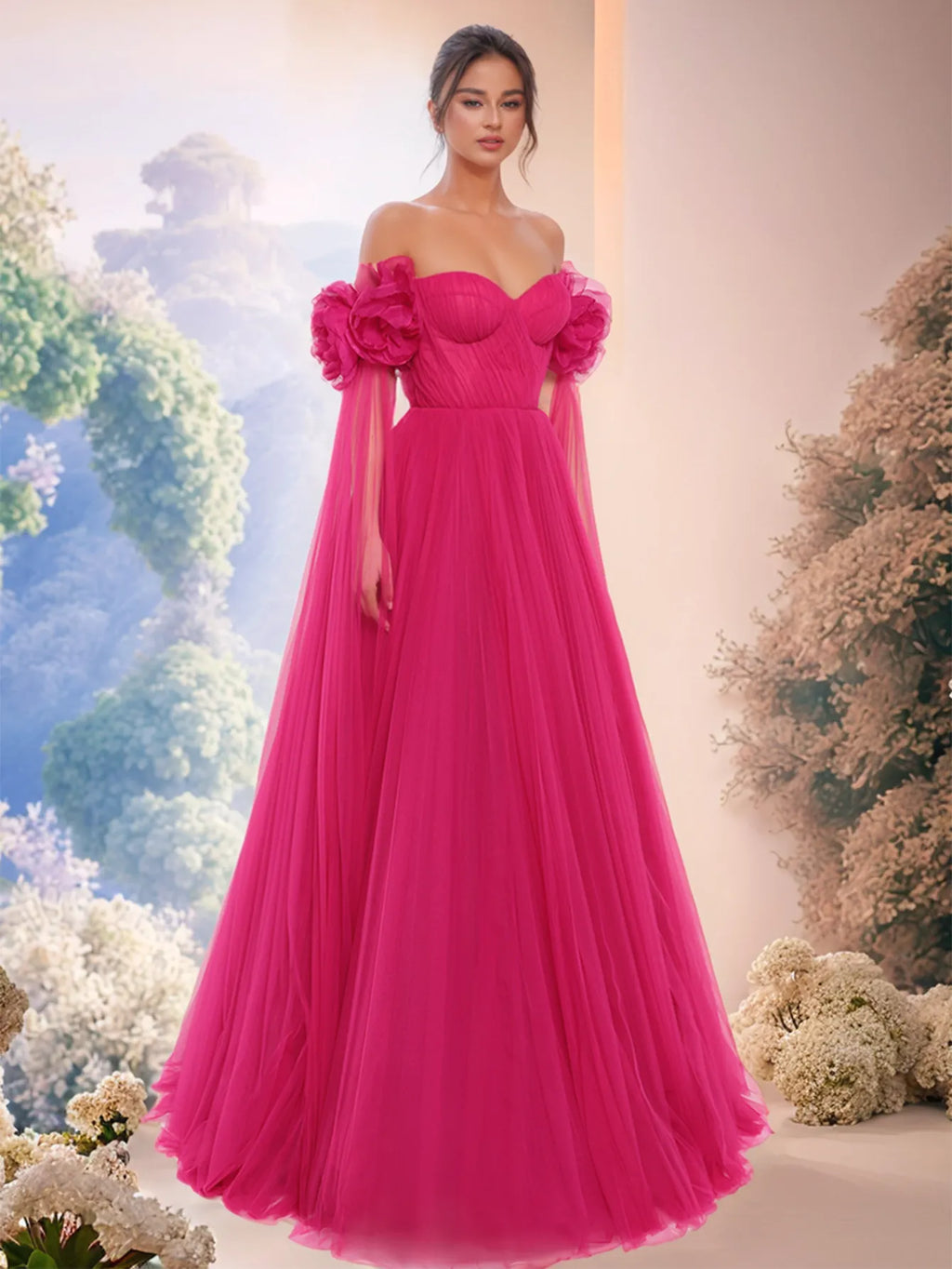 Off Shoulder 3D Rose Ball Gown Evening Dress with Long Sleeve