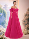 Off Shoulder 3D Rose Ball Gown Evening Dress with Long Sleeve