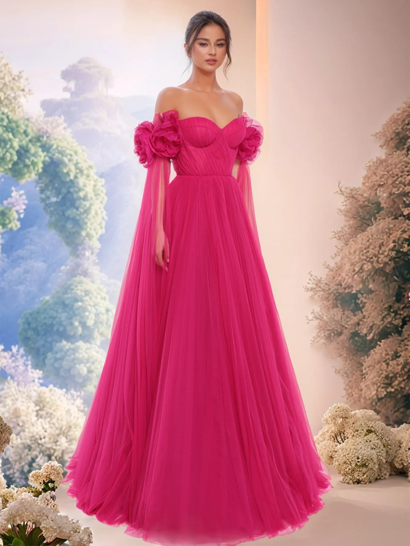 Off Shoulder 3D Rose Ball Gown Evening Dress with Long Sleeve