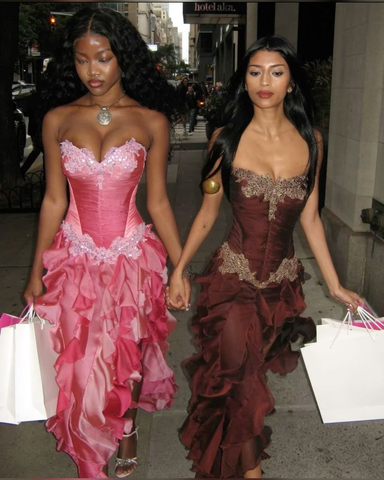 Vintage Hot Pink Lace Chiffon Ruffles Evening Dress Strapless Prom Dress Y8252