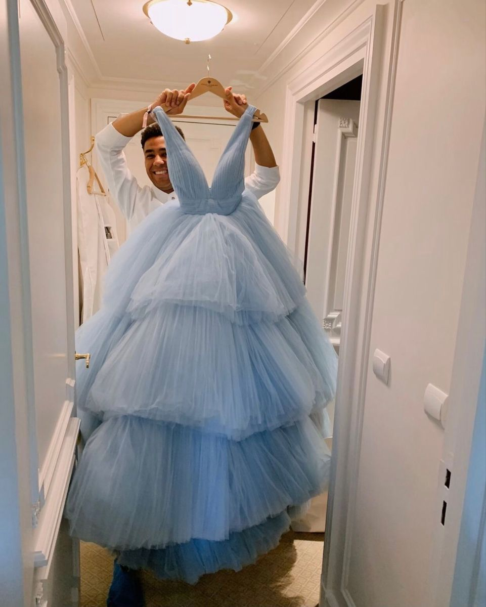 Robe de bal longue élégante bleu ciel, col en V, coupe trapèze, dos nu, Y4813