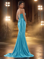 Sheer Bead Bodice Satin Strapless Mermaid Evening Dress With Split