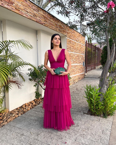 Robe de bal à décolleté plongeant, robe de soirée trapèze sans manches à volants Y3073