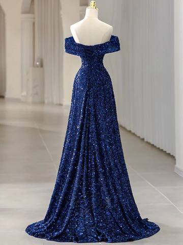 Vestido de noche corte A, elegante, formal, sin mangas, con hombros descubiertos, lentejuelas brillantes Y5789