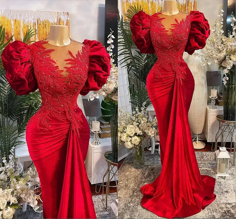 Robe de bal sirène rouge de luxe, dentelle perlée, col transparent, tenue de soirée formelle Y02