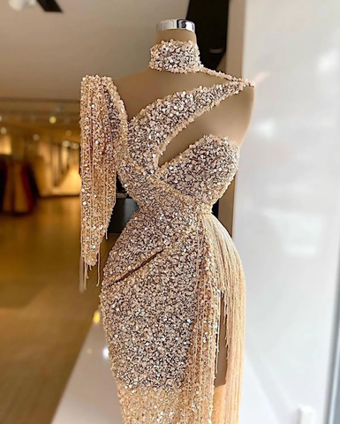 Vestido de noche brillante con lentejuelas, abertura lateral, vestido de graduación, un solo hombro, borlas, hecho a medida Y6411