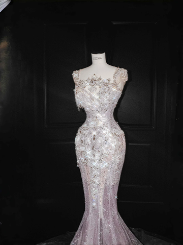 Glamorous Lavender Tulle Beaded Mermaid Prom Dress Formal Evening Dress Y8669