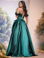 Off Shoulder 3D Rose Pick Up Satin Ball Gown Evening Dress