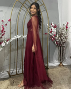 Precioso vestido de noche burdeos de un solo hombro, tul, lentejuelas y abertura, estilo baile de graduación Y7826