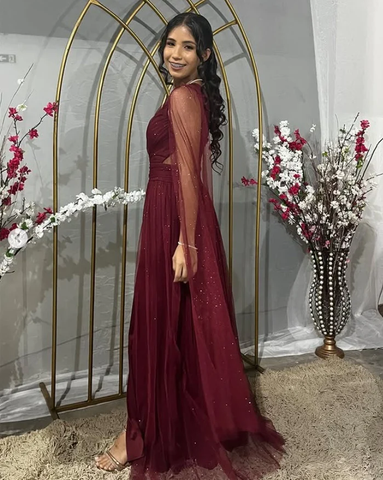 Precioso vestido de noche burdeos de un solo hombro, tul, lentejuelas y abertura, estilo baile de graduación Y7826