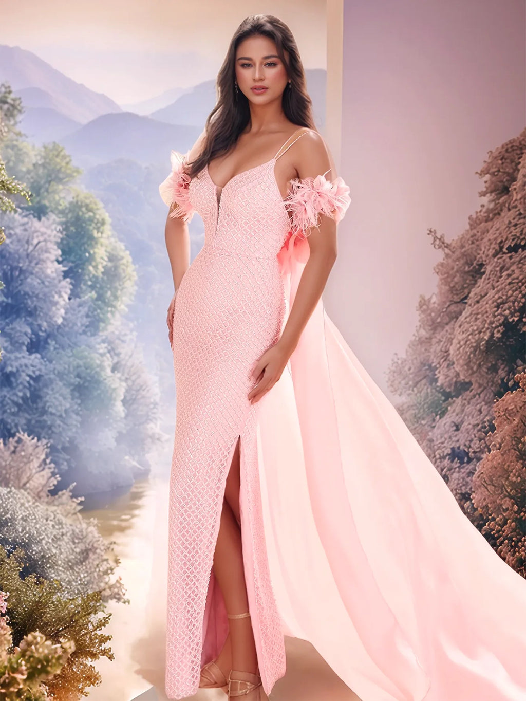 Luxury Feather Flower Mermaid Evening Dress With Removable Drop Waist
