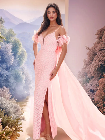 Vestido de noche de sirena de lujo con flores de plumas y cintura baja desmontable.