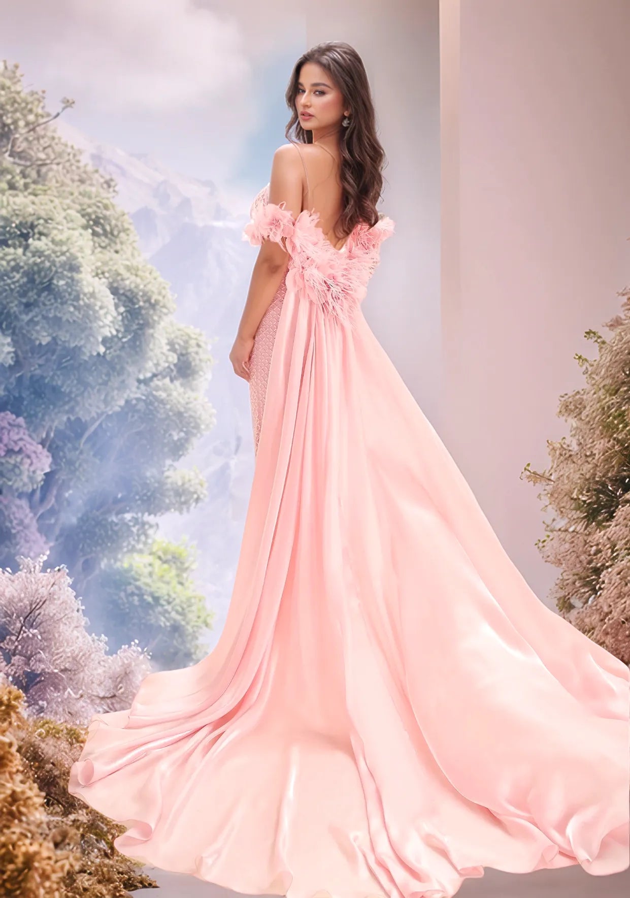 Luxury Feather Flower Mermaid Evening Dress With Removable Drop Waist
