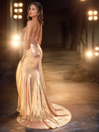 Diamante V-Neck Sheer Sparkly Satin Mermaid Evening Dress With Split