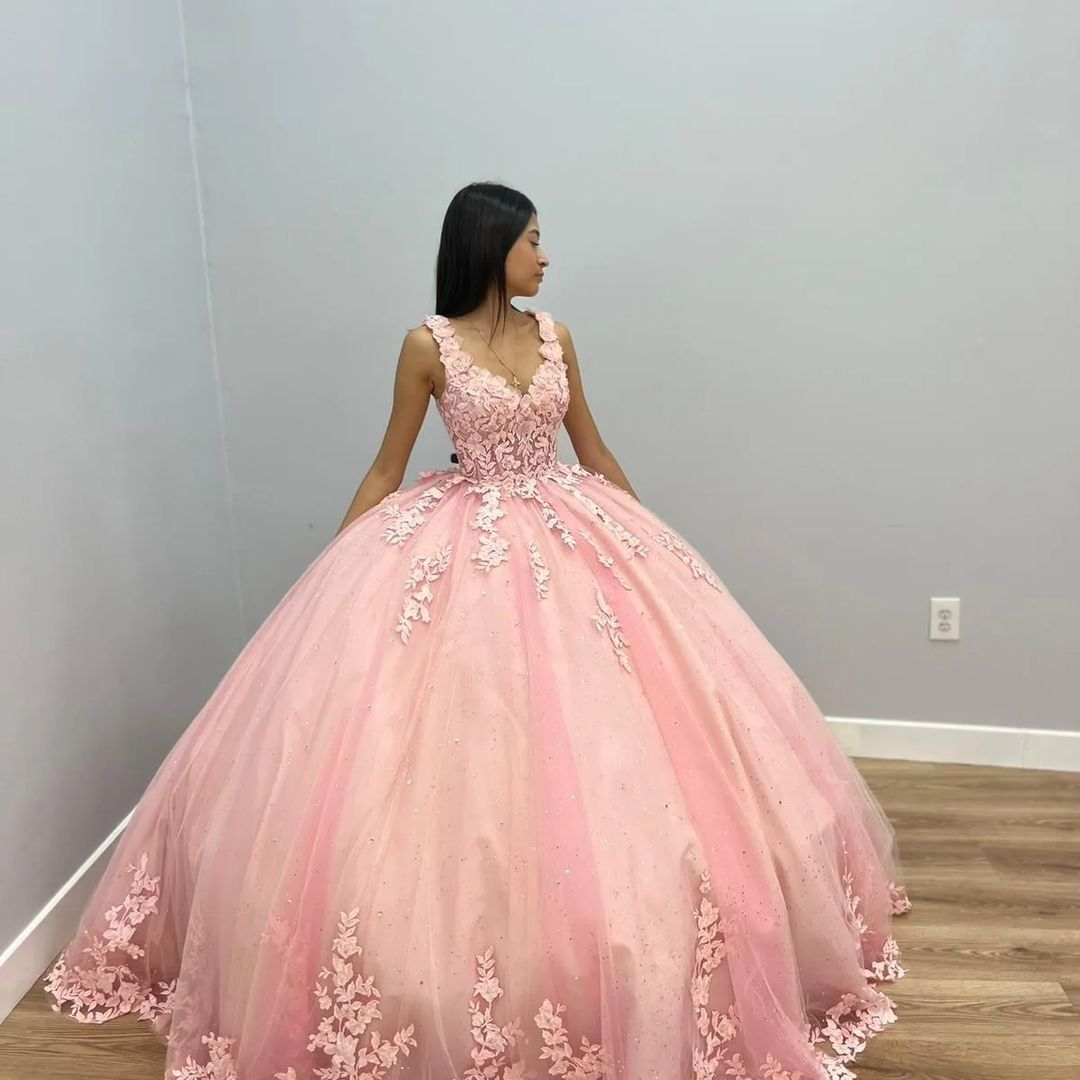 Vestido rosa de quinceañera con apliques de encaje, vestido de baile mexicano, vestido de cumpleaños número 15 Y4675