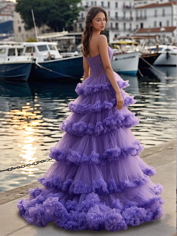 Vestido de baile de gala con corsé transparente plisado sin tirantes y capas escalonadas
