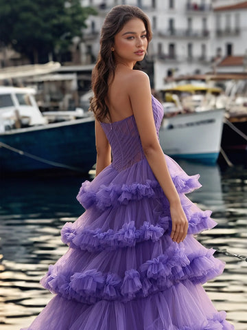Vestido de baile de gala con corsé transparente plisado sin tirantes y capas escalonadas