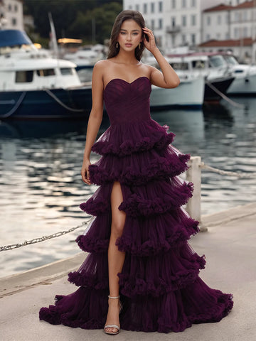 Vestido de baile de gala con corsé transparente plisado sin tirantes y capas escalonadas