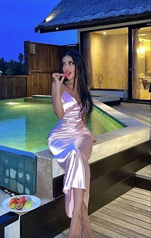 Robe de soirée rose élégante à fines bretelles et col en V, robe de soirée rose Y5663