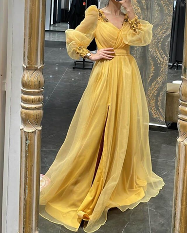 Vestido de noche con mangas abullonadas, escote en V y abertura de tul Y5793