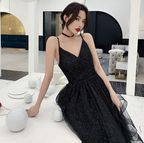 Vestidos de fiesta negros brillantes con escote en V, vestido de noche formal negro sin espalda con escote en V Y1148
