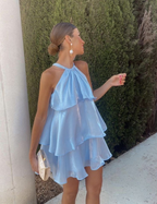 Robe de bal mini à volants en organza bleu simple, dos nu, Y8089