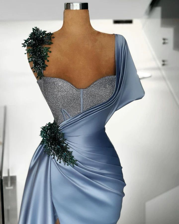 Precioso vestido de noche largo de sirena con cuentas de satén azul, vestido de fiesta formal Y8520