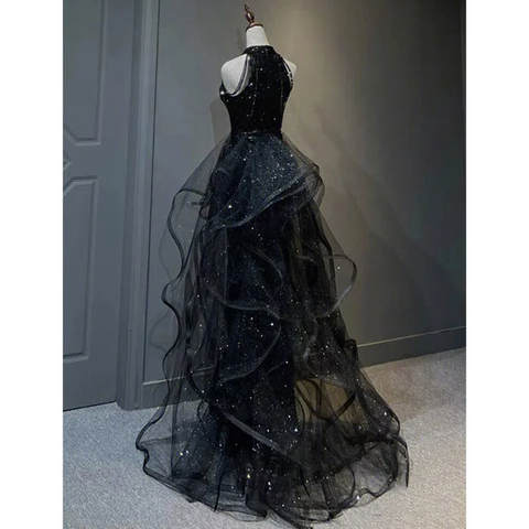 Robe de soirée noire à col montant, dos nu, en tulle brillant et sequins, robe de bal en tulle noir Y1864