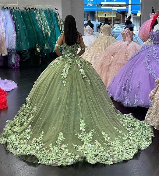 Vestido de quinceañera de princesa verde de lujo con hombros descubiertos, apliques de flores 3D, vestido de baile Y4147
