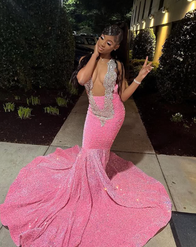 Precioso vestido de noche rosa con lentejuelas y cuentas, estilo sirena, modelo Y8016