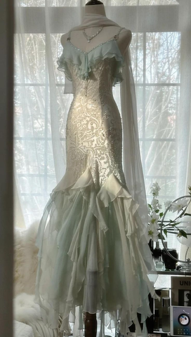 Classy Mint Green Temperament Mermaid Spaghetti Strap Chiffon Beaded Evening Dress Formal Prom Dress Y8546