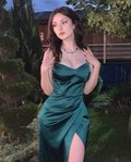 Vestido de noche verde satinado sin mangas, elegante vestido de noche verde Y2131
