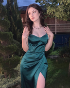 Vestido de noche verde satinado sin mangas, elegante vestido de noche verde Y2131